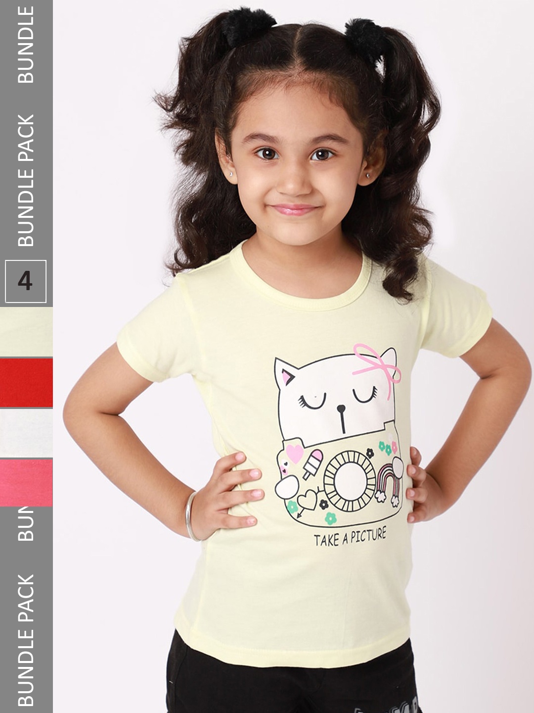 

BAESD Pack Of 4 Girls Graphic Printed Cotton Casual T Shirts, Cream