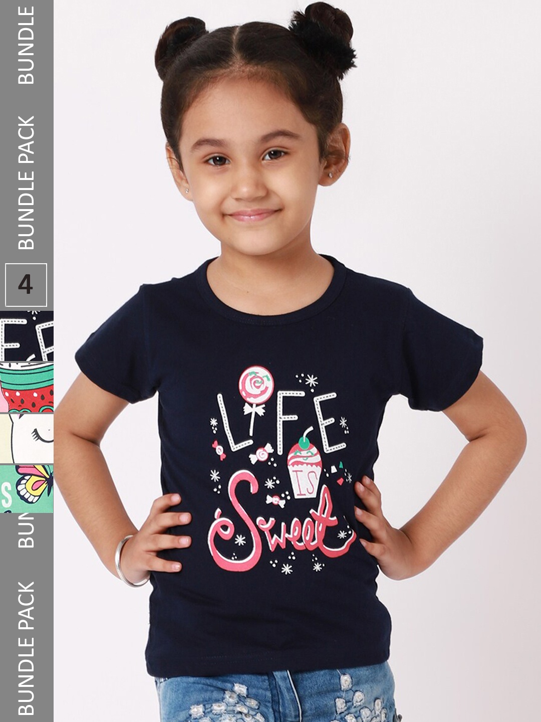 

BAESD Girls Pack Of 4 Printed Pure Cotton T-shirt, Navy blue