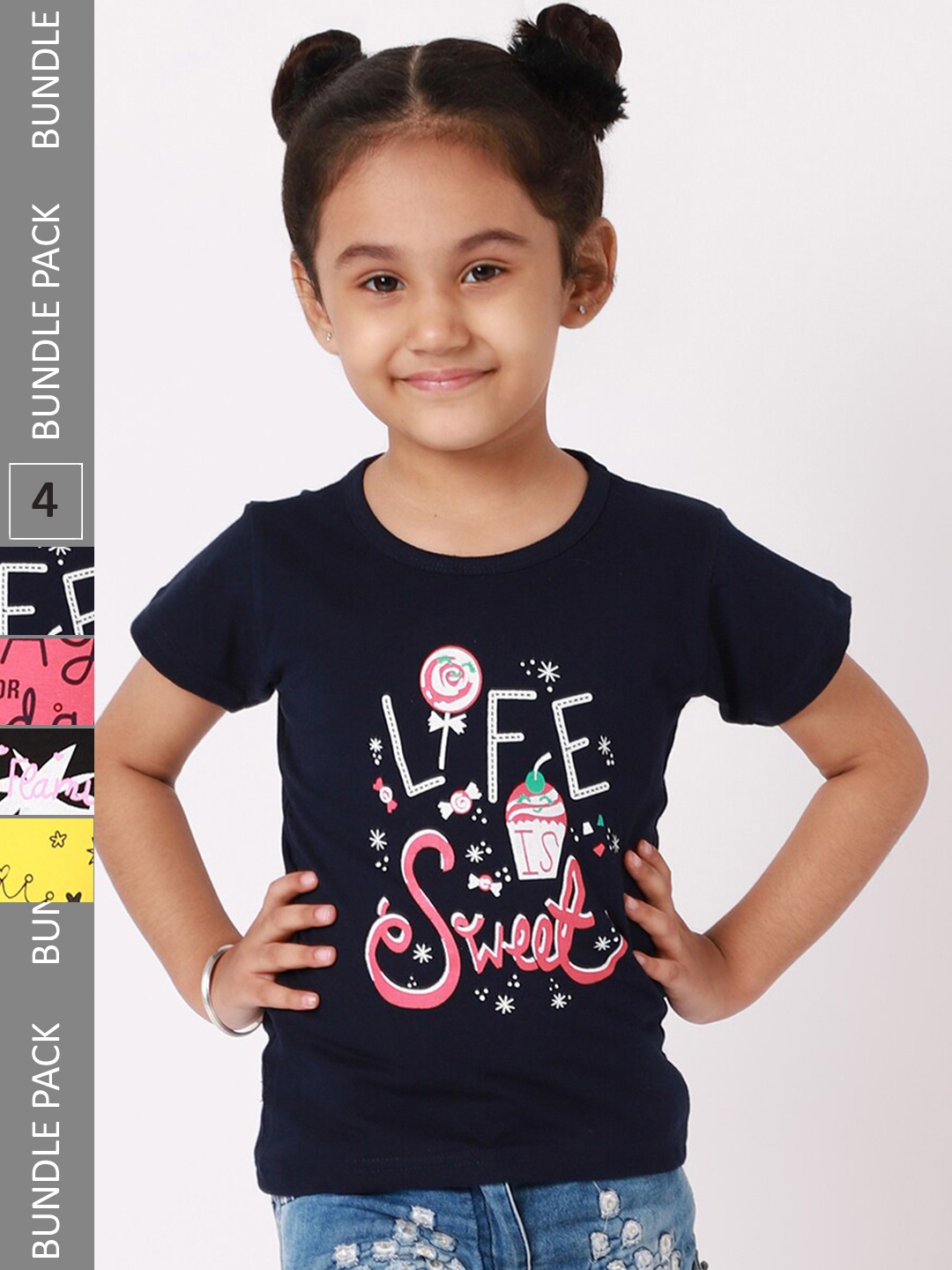 

BAESD Girls Pack Of 4 Printed Pure Cotton T-shirt, Navy blue