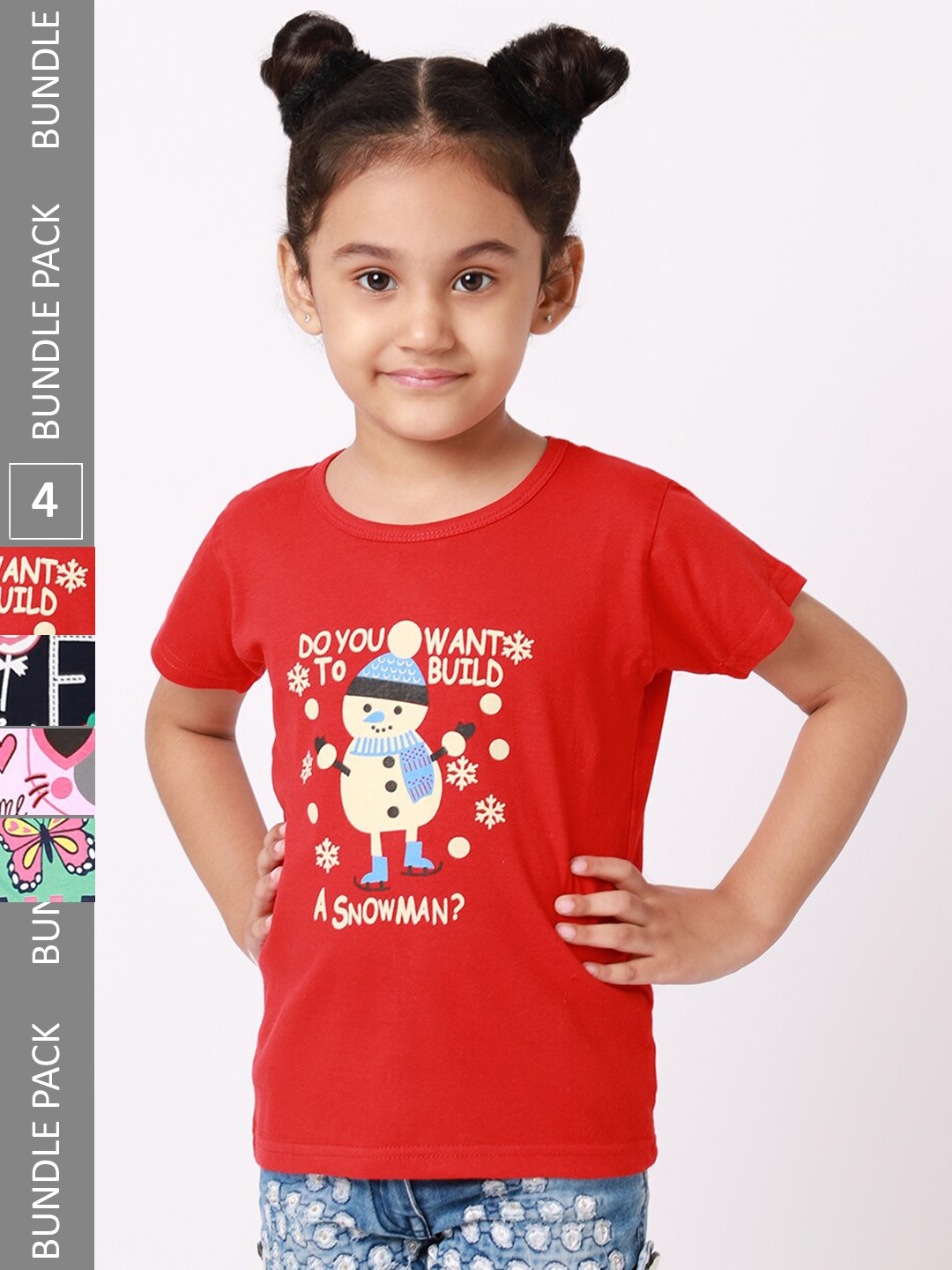 

BAESD Girls Pack Of 4 Printed Pure Cotton T-shirt, Red