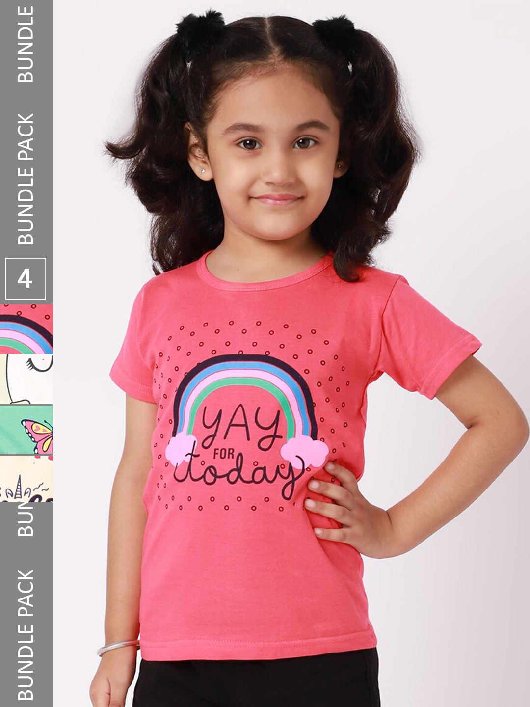 

BAESD Girls Pack Of 4 Conversational Printed Cotton T-shirt, Coral