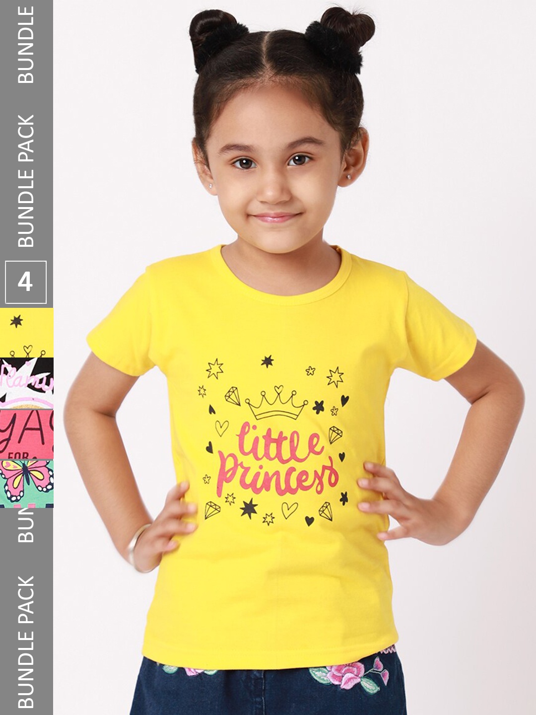 

BAESD Girls Pack Of 4 Typography Printed Cotton T-shirt, Yellow