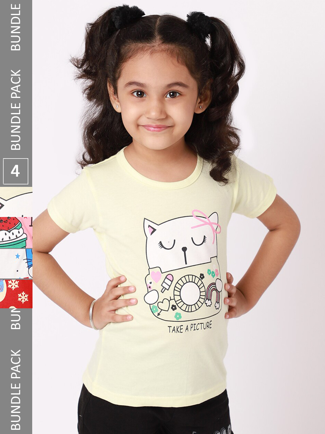 

BAESD Girls Pack Of 4 Graphic Printed Cotton Regular T-shirt, Yellow