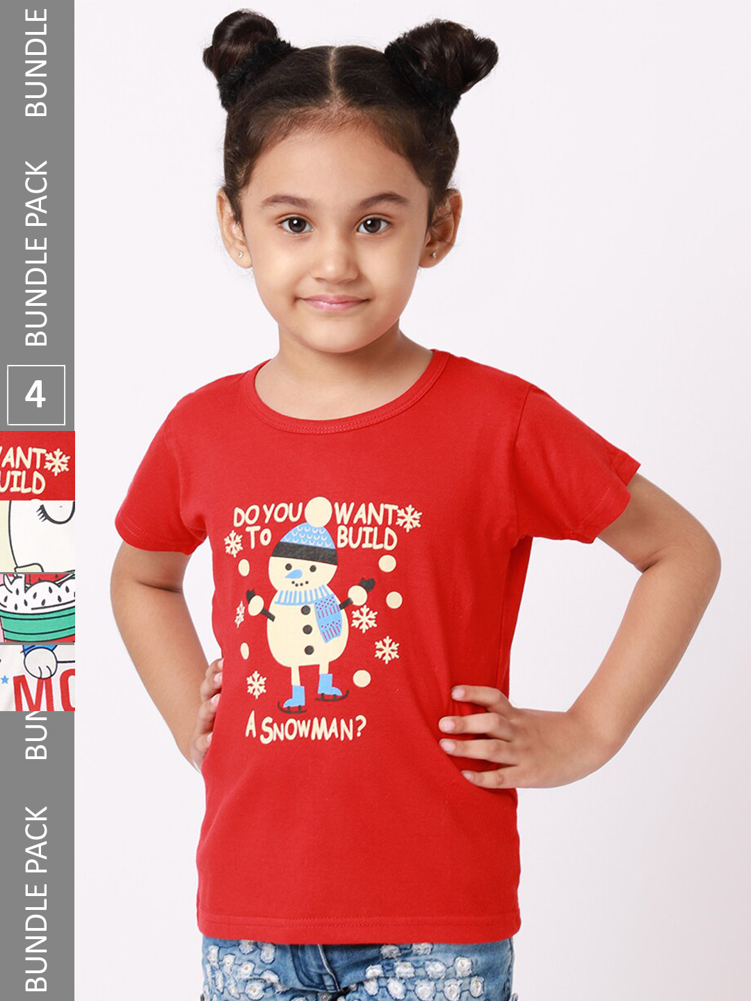 

BAESD Girls Pack Of 4 Graphic Printed Cotton T-Shirt, Red