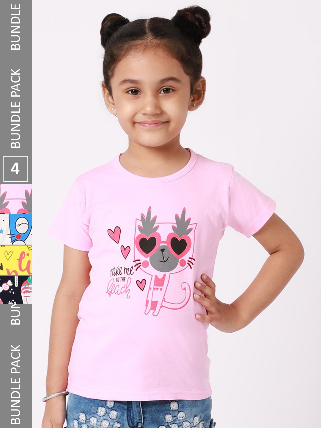 

BAESD Girls Pack Of 4 Typography Printed Cotton T-Shirts, Pink