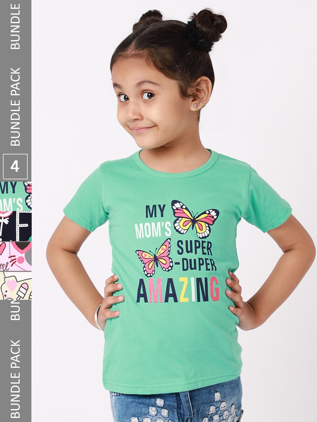 

BAESD Girls Pack Of 4 Typography Printed Cotton T-Shirts, Green