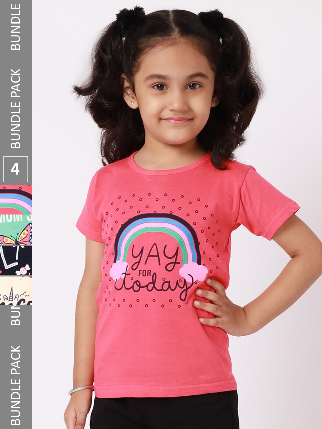 

BAESD Girls Pack Of 4 Typography Printed Cotton T-shirts, Pink