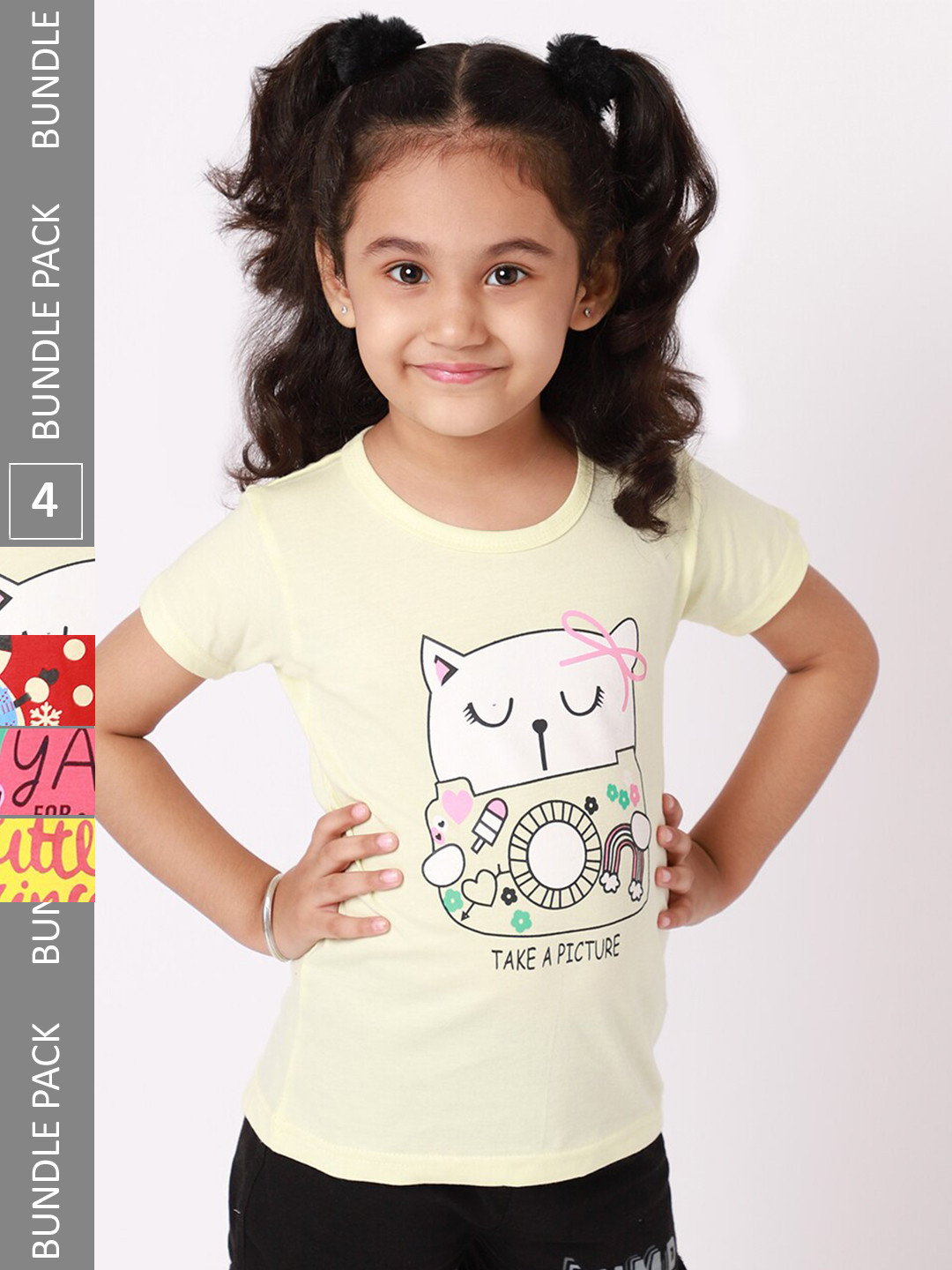 

BAESD Girls Pack Of 4 Printed Pure Cotton T-shirt, Yellow