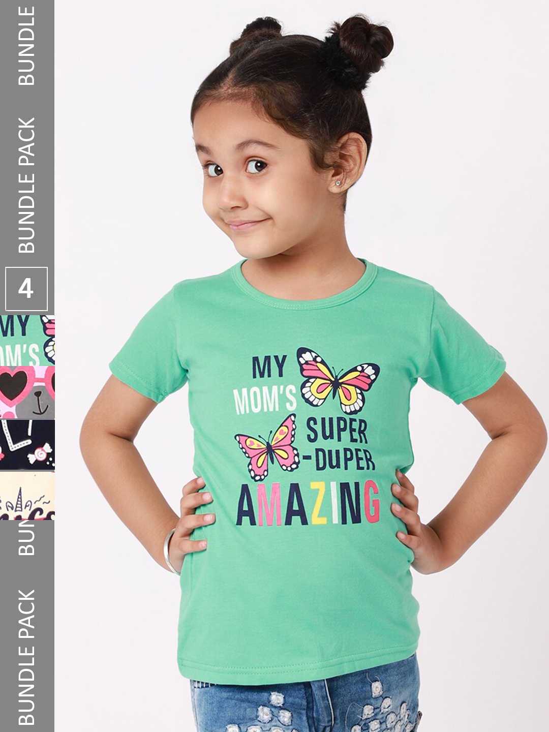 

BAESD Girls Pack Of 4 Printed Pure Cotton T-shirt, Green