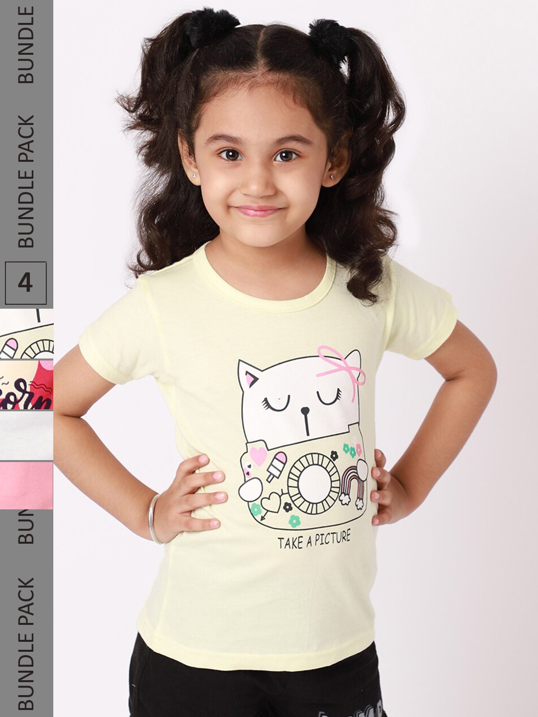 

BAESD Girls Pack Of 4 Printed Pure Cotton T-shirt, Yellow