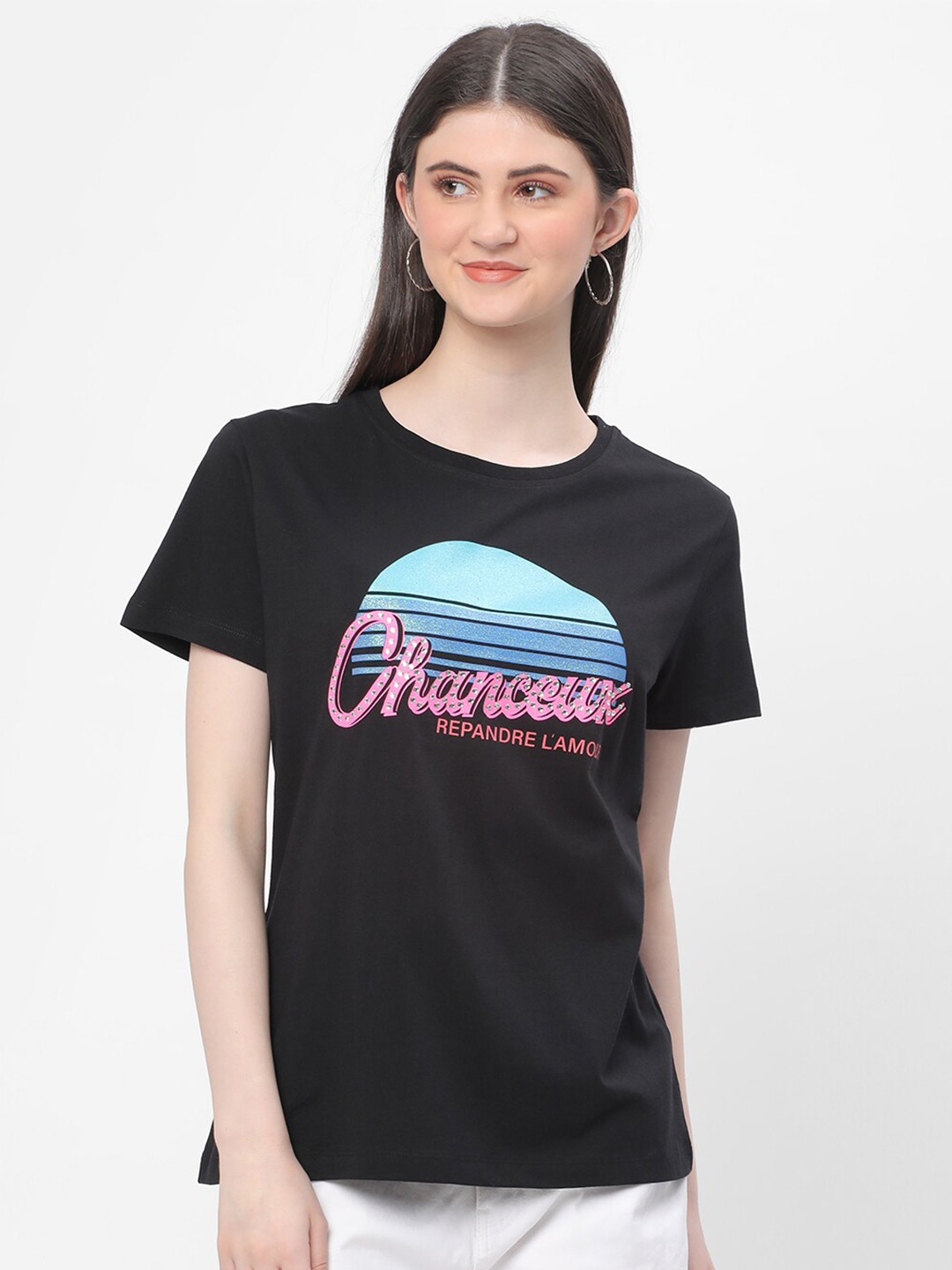 

R&B Typography Printed Cotton T-shirt, Black