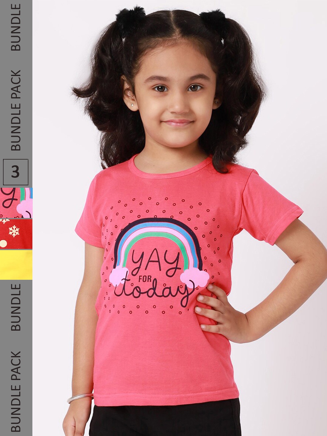 

BAESD Girls Pack Of 3 Typography Printed Cotton T-shirt, Coral