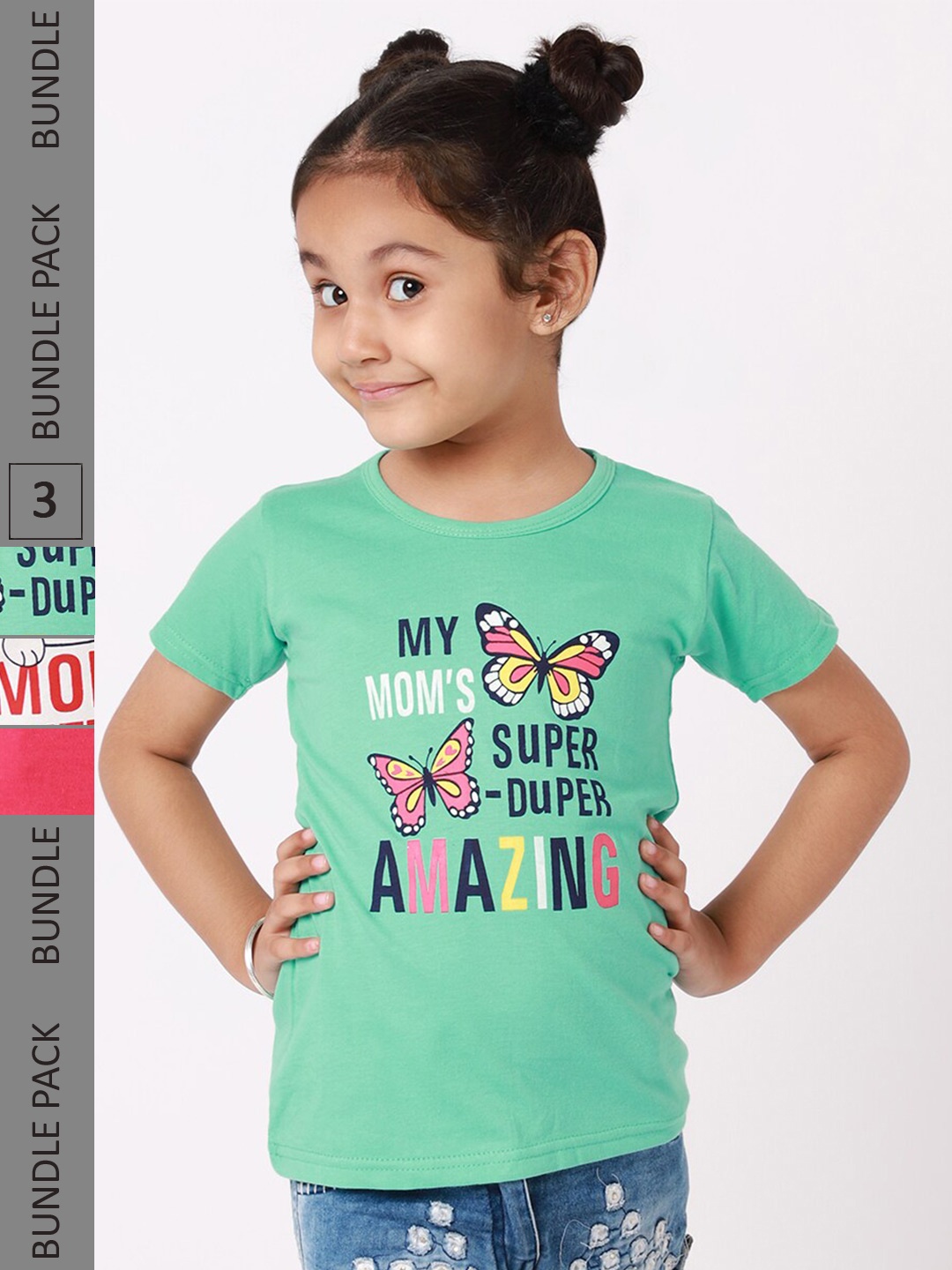 

BAESD Girls Pack Of 3 Typography Printed Cotton T-Shirts, Green