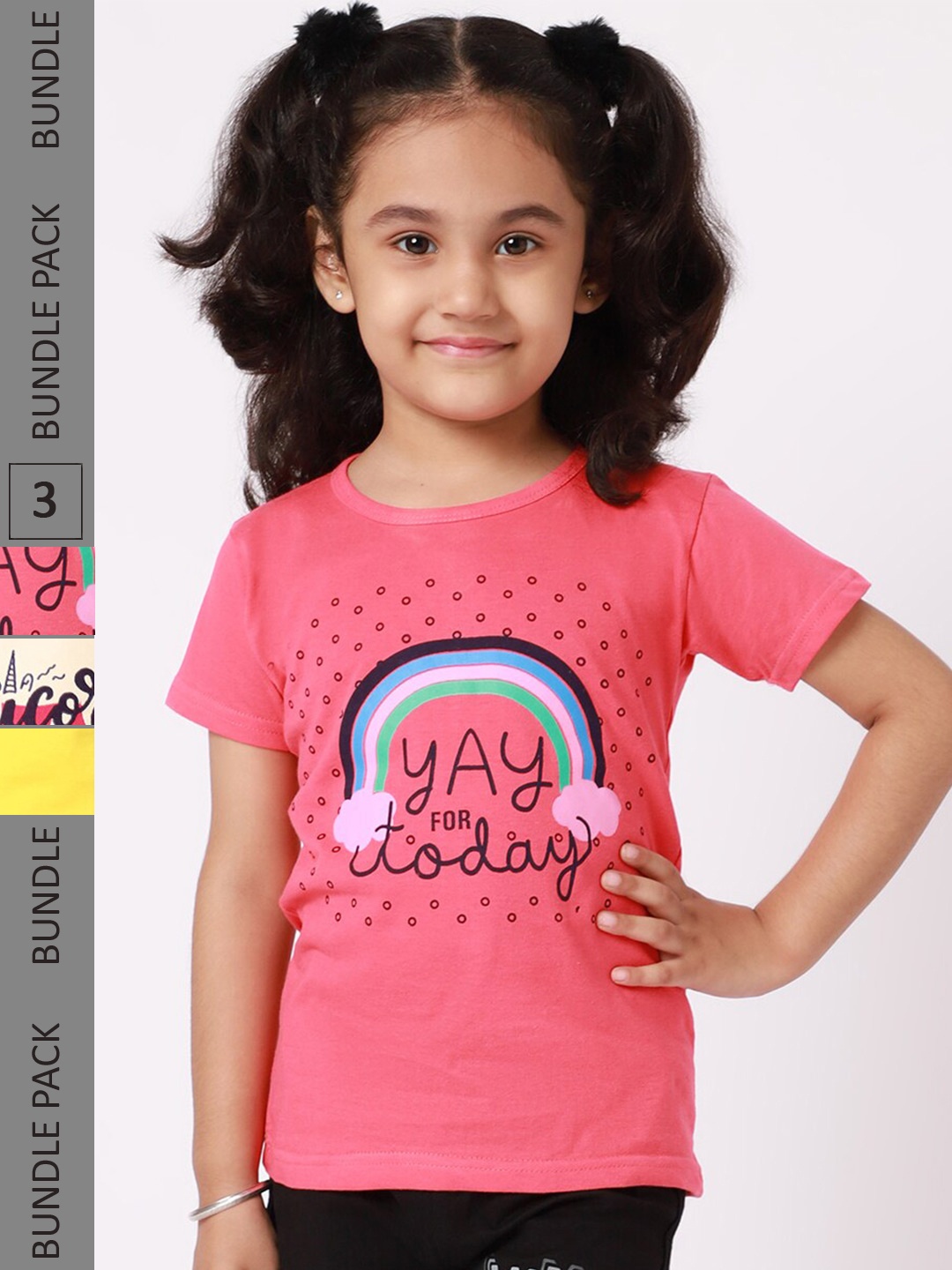 

BAESD Girls Pack Of 3 Typography Printed Round Neck Cotton T-shirt, Pink