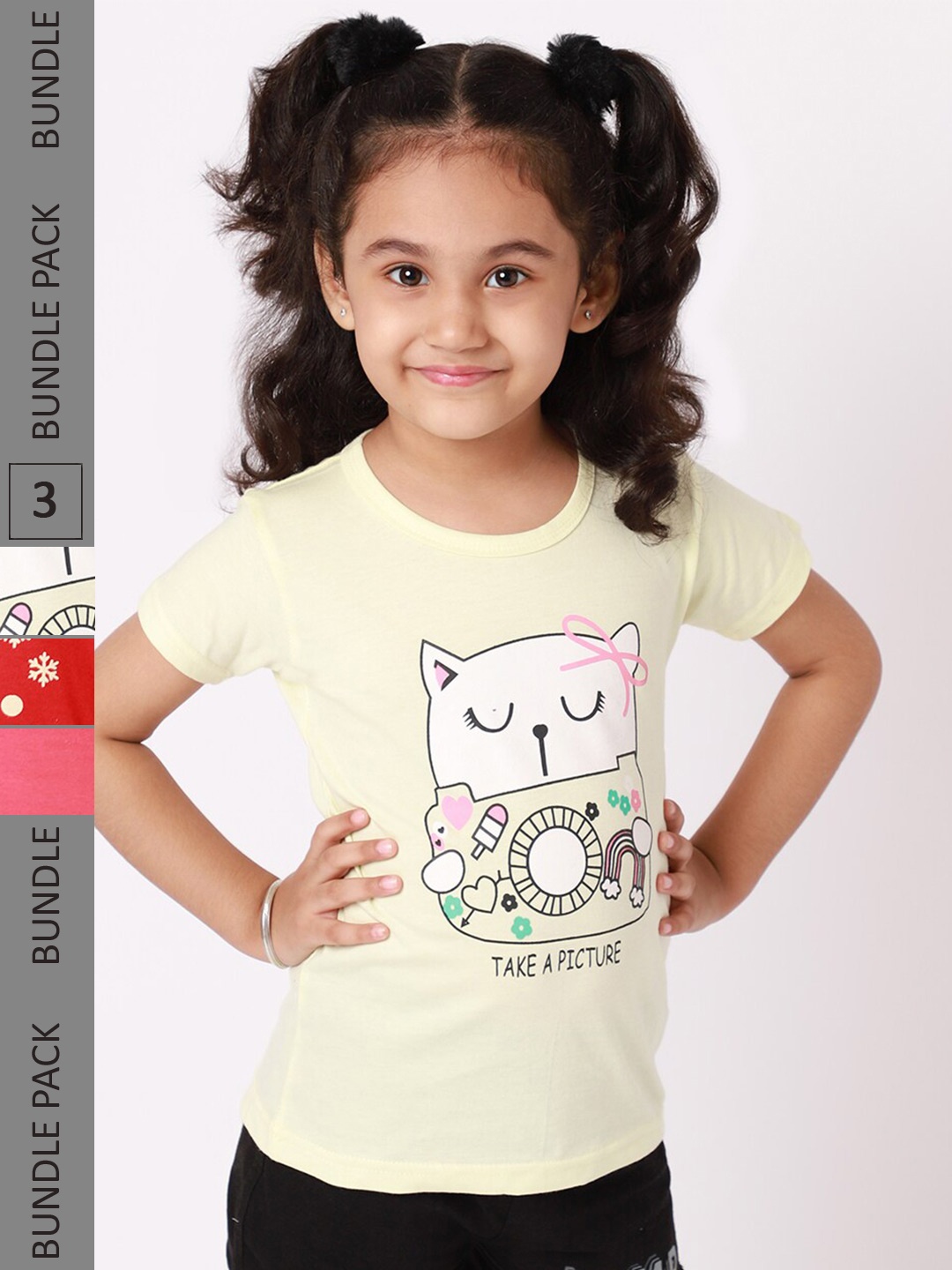

BAESD Girls Pack Of 3 Printed Cotton Regular Fit T-shirts, Yellow
