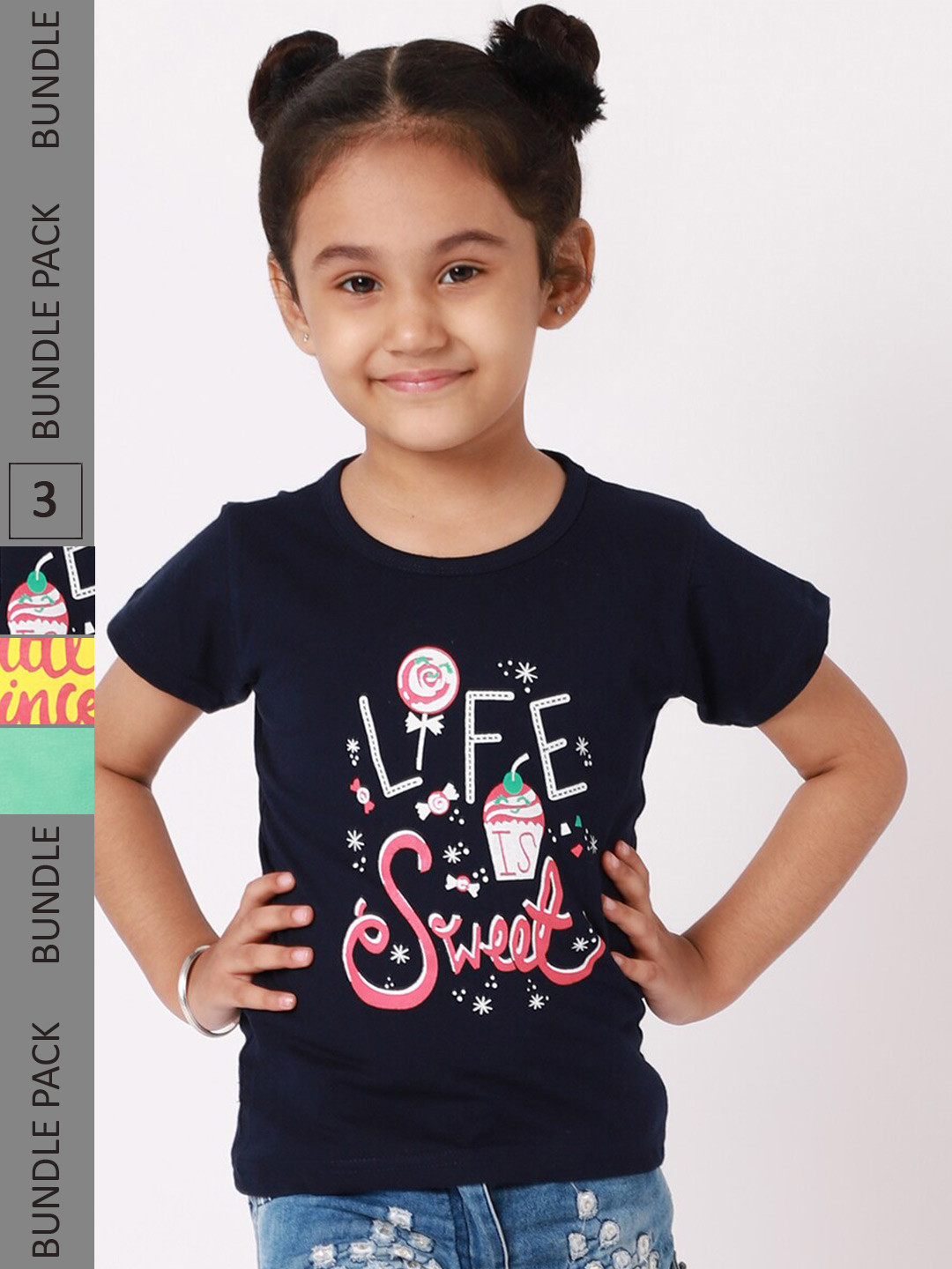 

BAESD Girls Pack Of 3 Printed Cotton T-shirt, Navy blue