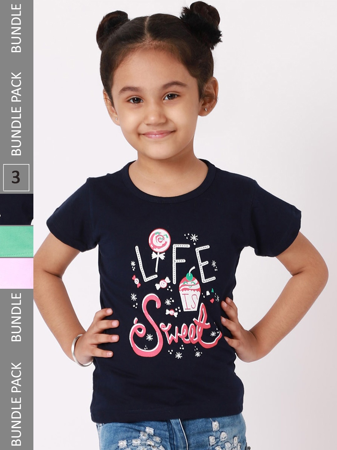 

BAESD Girls Pack Of 3 Graphic Printed Cotton T-shirt, Navy blue