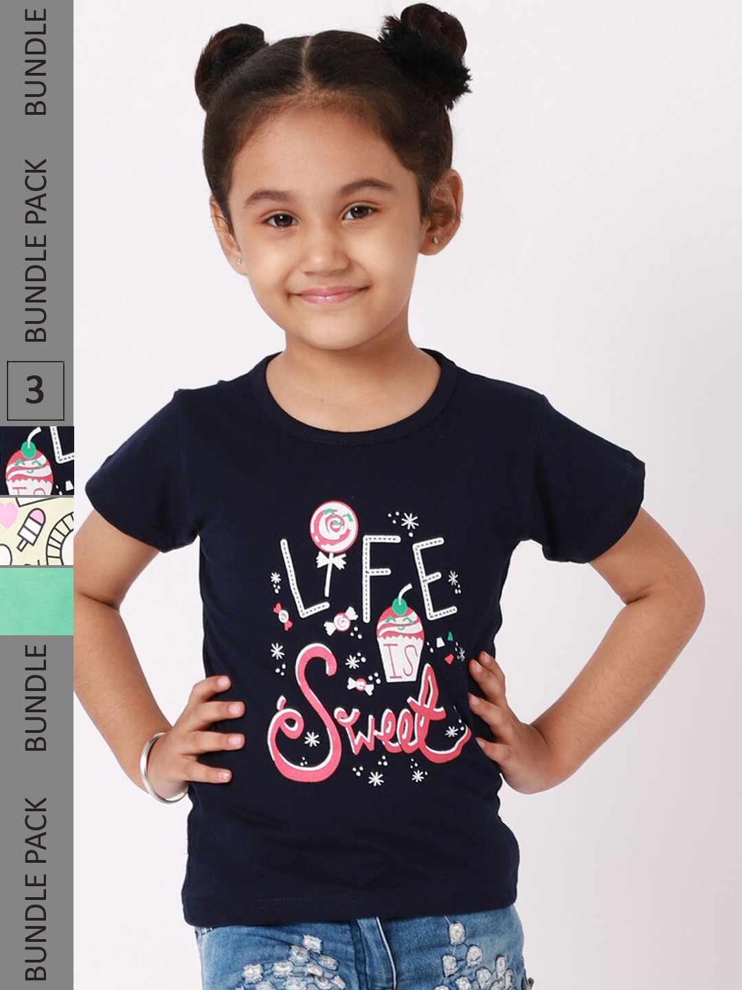 

BAESD Girls Pack Of 3 Typography Printed Knitted Cotton T-Shirts, Navy blue