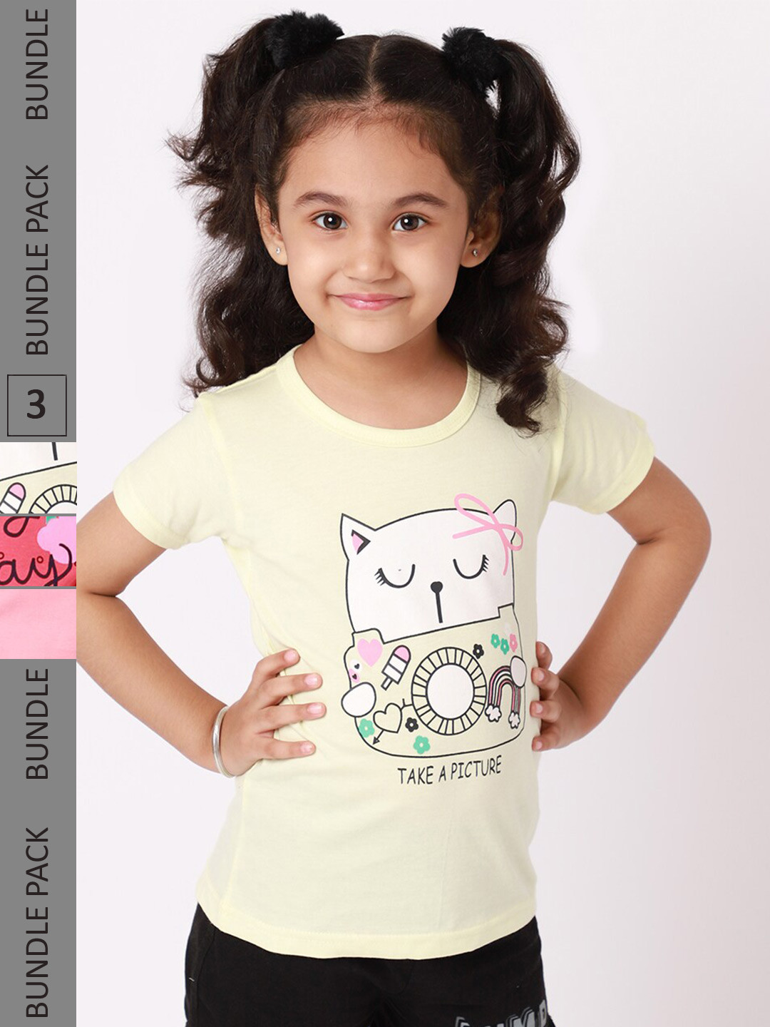 

BAESD Girls Pack Of 3 Graphic Printed Cotton T-shirt, Yellow