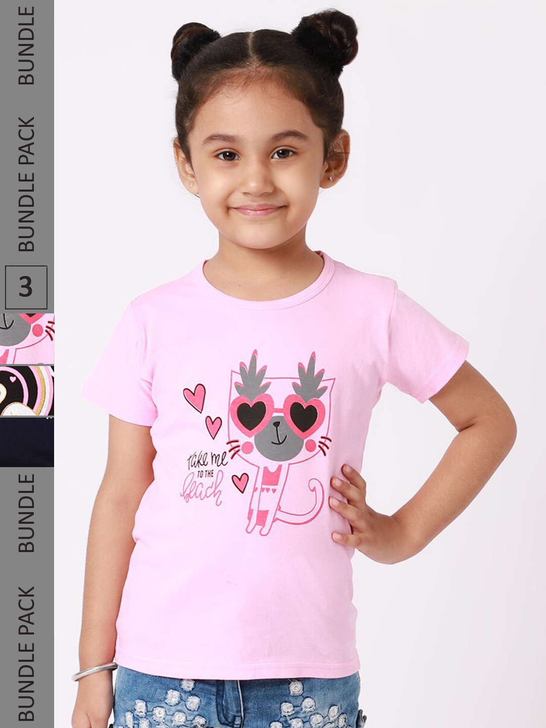 

BAESD Girls Pack Of 3 Graphic Printed Cotton T-shirt, Pink