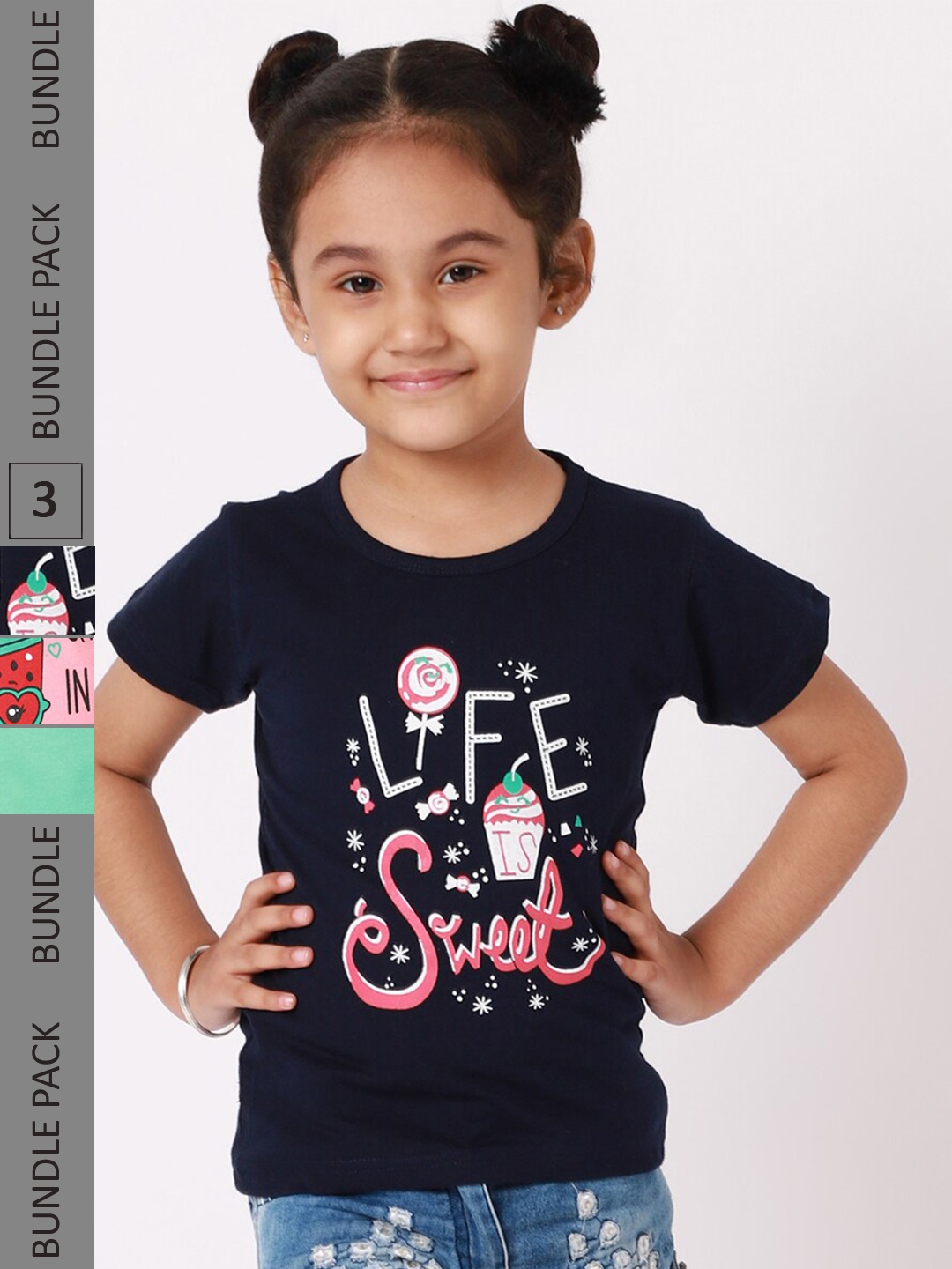 

BAESD Girls Pack Of 3 Graphic Printed Knitted Cotton T-Shirts, Navy blue