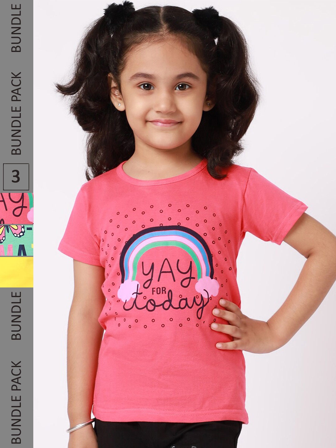 

BAESD Girls Pack Of 3 Typography Printed Cotton T-shirt, Pink