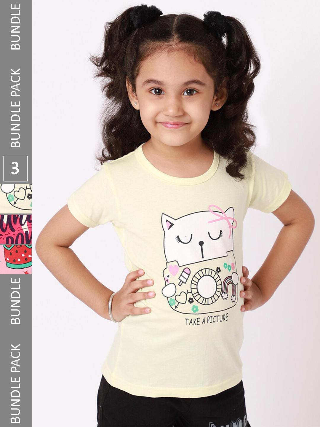 

BAESD Girls Pack Of 3 Graphic Printed Knitted Cotton T-Shirts, Yellow