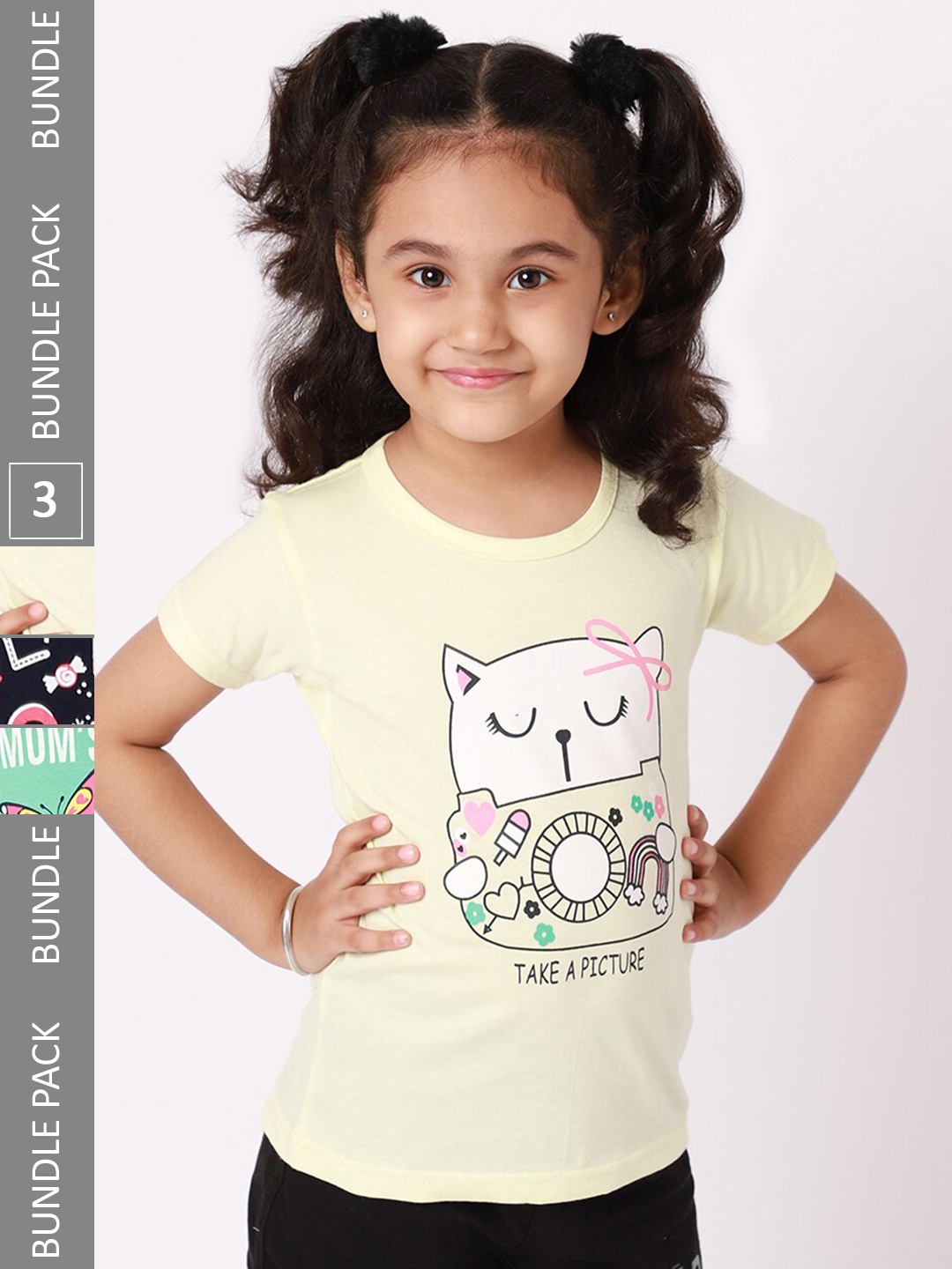 

BAESD Girls Pack Of 3 Printed Cotton T-shirts, Yellow
