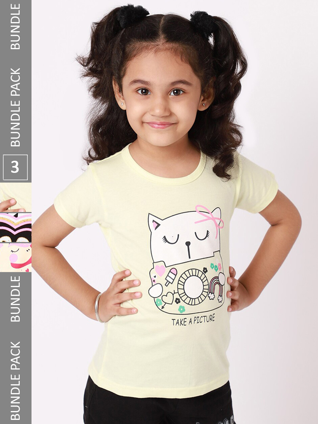 

BAESD Pack Of 3 Girls Graphic Printed Cotton Casual T Shirts, Cream