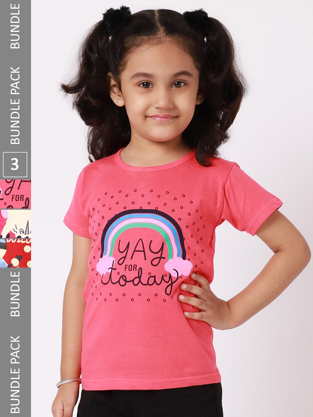 

BAESD Girls Pack Of 3 Graphic Printed Cotton T-shirt, Pink