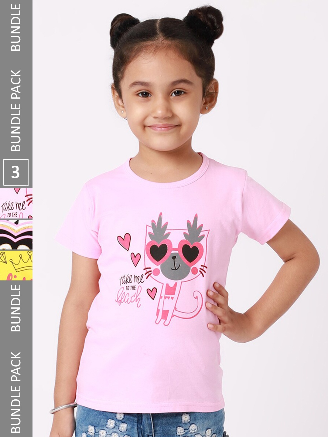 

BAESD Girls Pack Of 3 Graphic Printed Cotton T-shirt, Pink