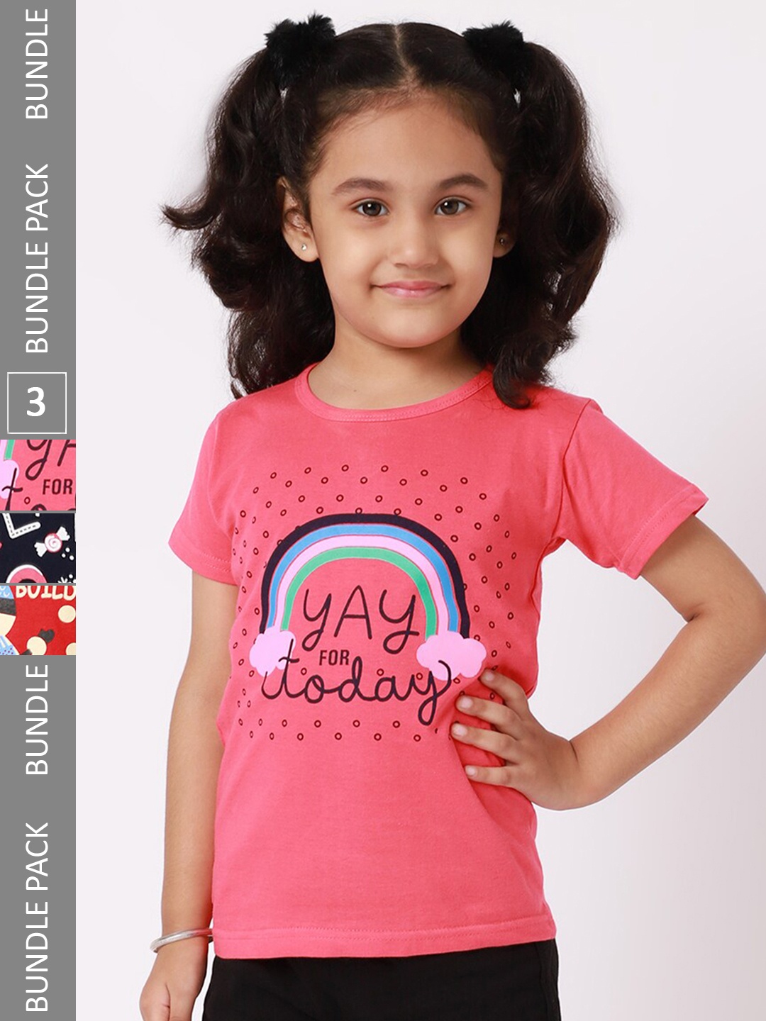 

BAESD Girls Pack Of 3 Typography Printed Cotton T-shirts, Pink