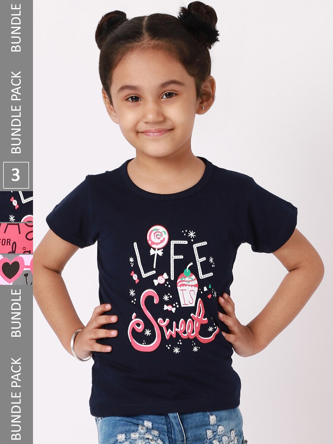 

BAESD Girls Pack Of 3 Printed Cotton T-shirt, Navy blue