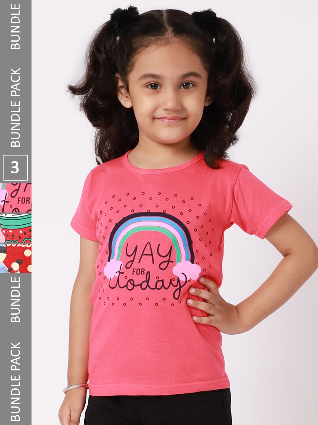 

BAESD Girls Pack Of 3 Typography Printed Cotton T-shirt, Pink