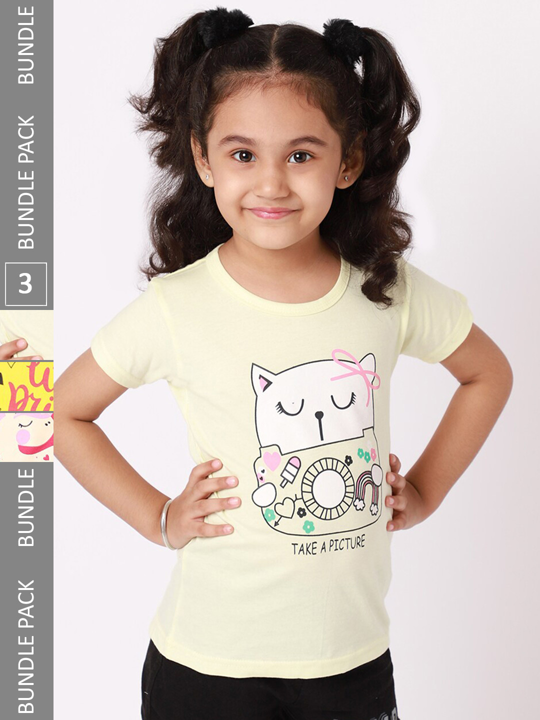 

BAESD Girls Pack Of 3 Graphic Printed Cotton T-Shirts, Yellow