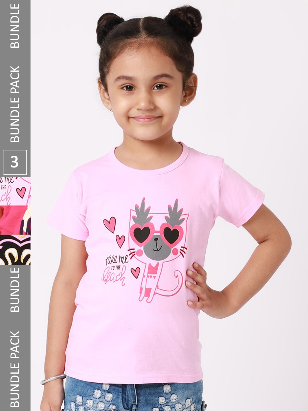 

BAESD Girls Pack Of 3 Conversational Printed Cotton T-shirt, Pink