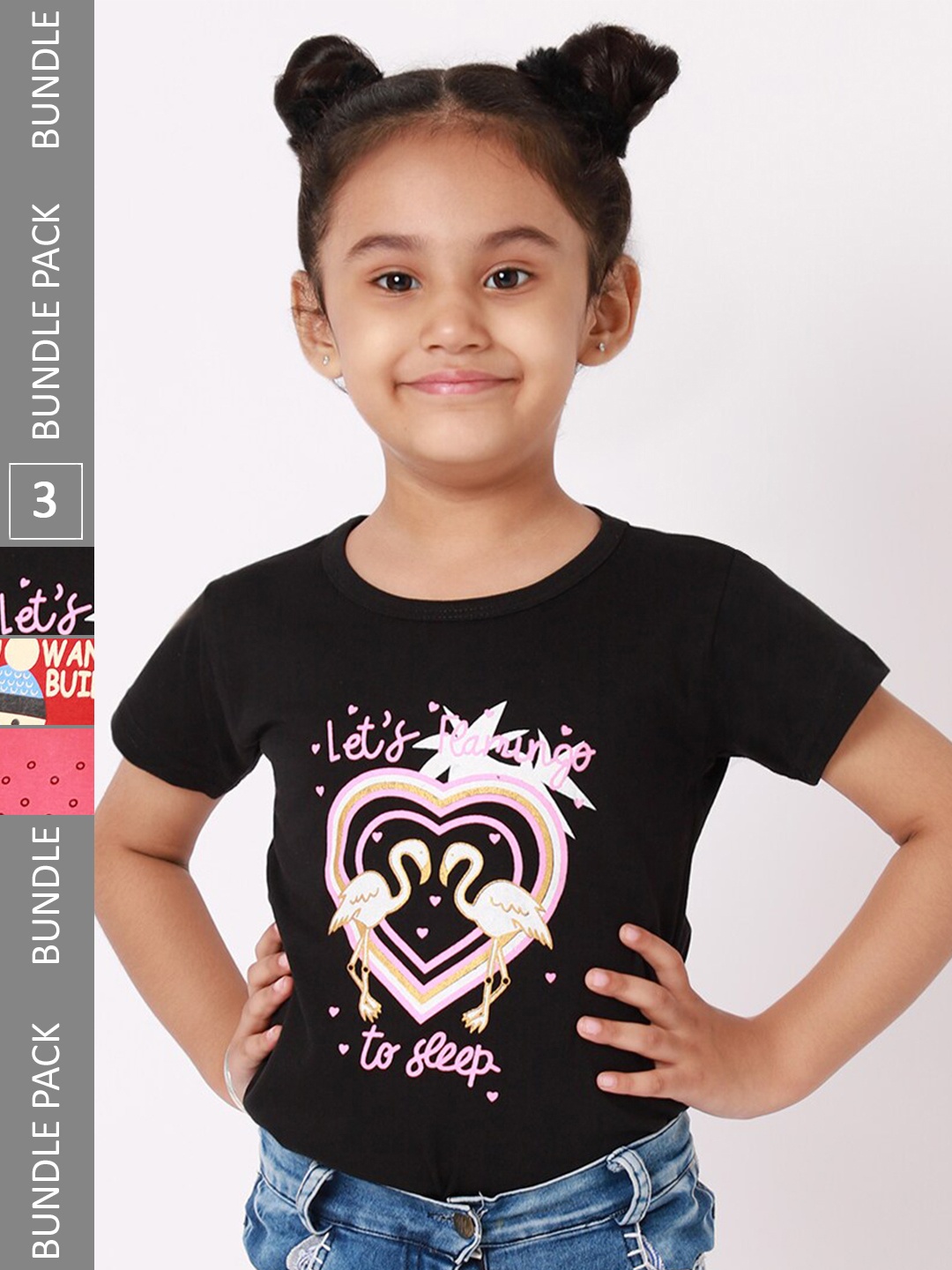 

BAESD Girls Pack Of 3 Graphic Printed Cotton T-shirt, Black