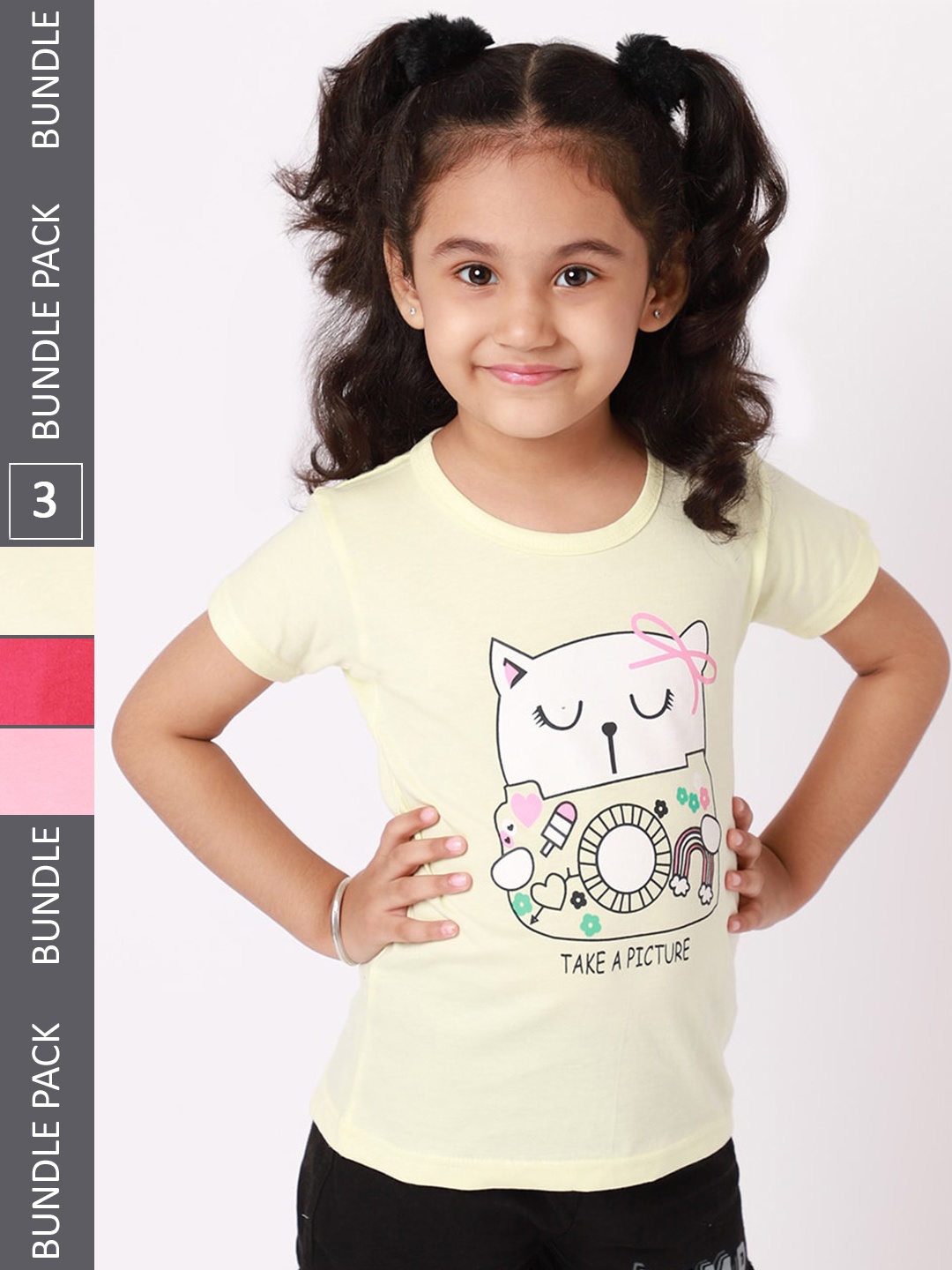 

BAESD Girls Pack Of 3 Conversational Printed Cotton T-shirt, Yellow