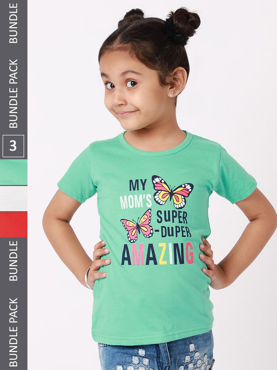 

BAESD Girls Pack Of 3 Typography Printed Cotton T-shirt, Green