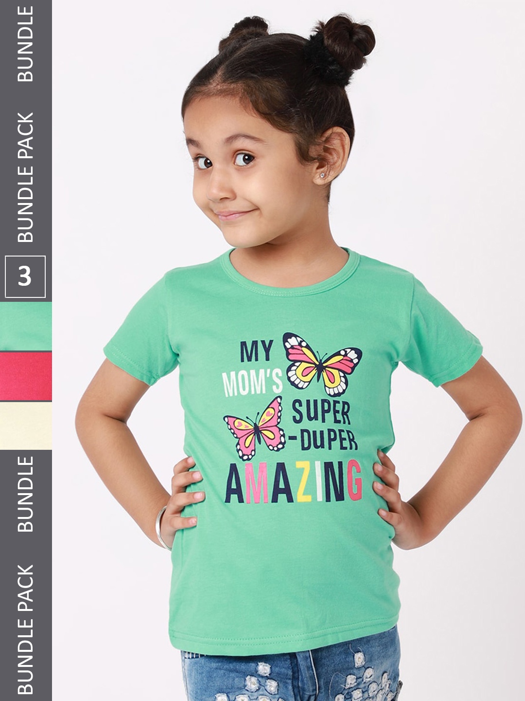 

BAESD Girls Pack of 3 Graphic Printed Cotton T-Shirt, Green