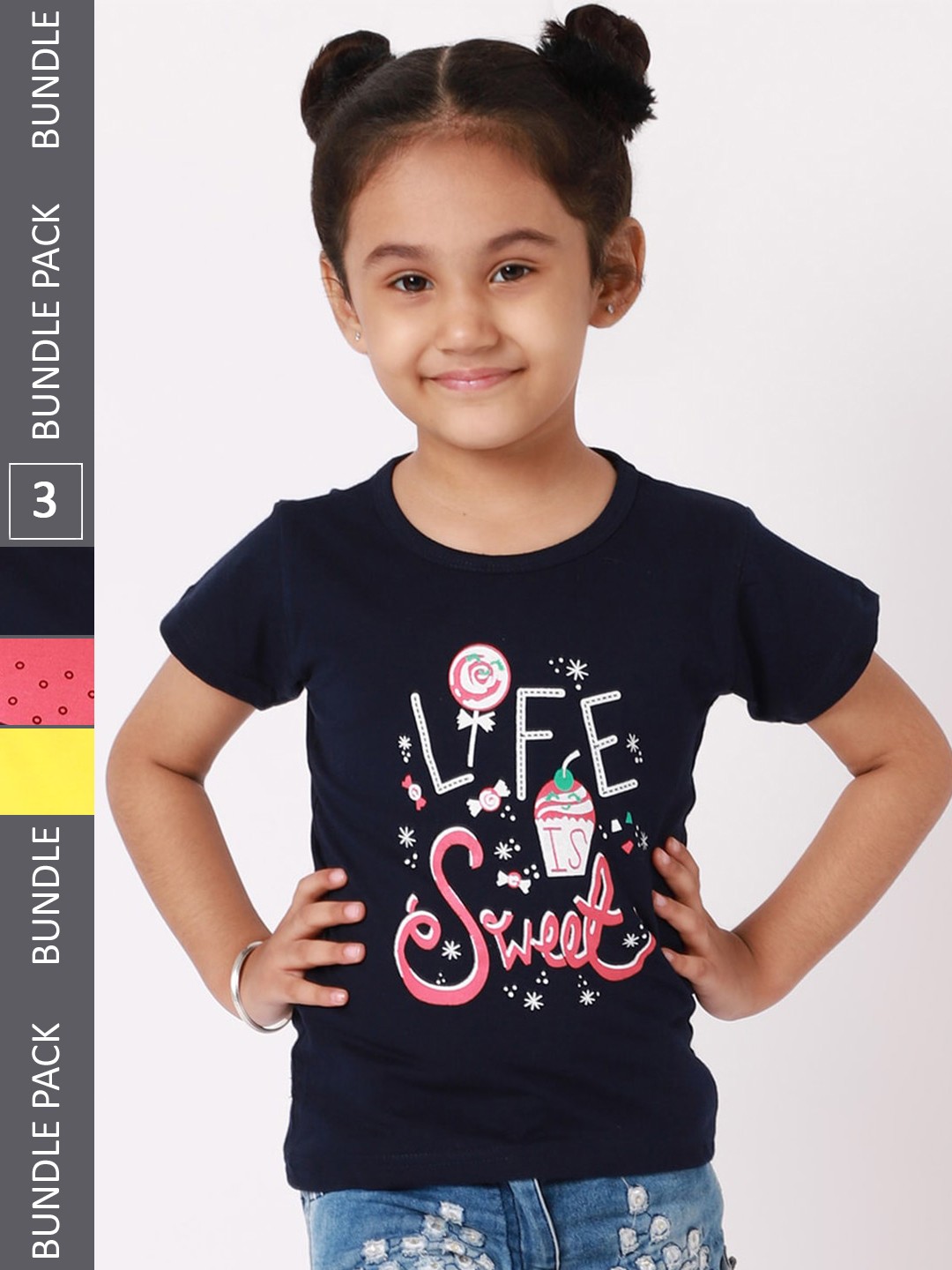 

BAESD Girls Pack Of 3 Printed Cotton T-shirt, Navy blue