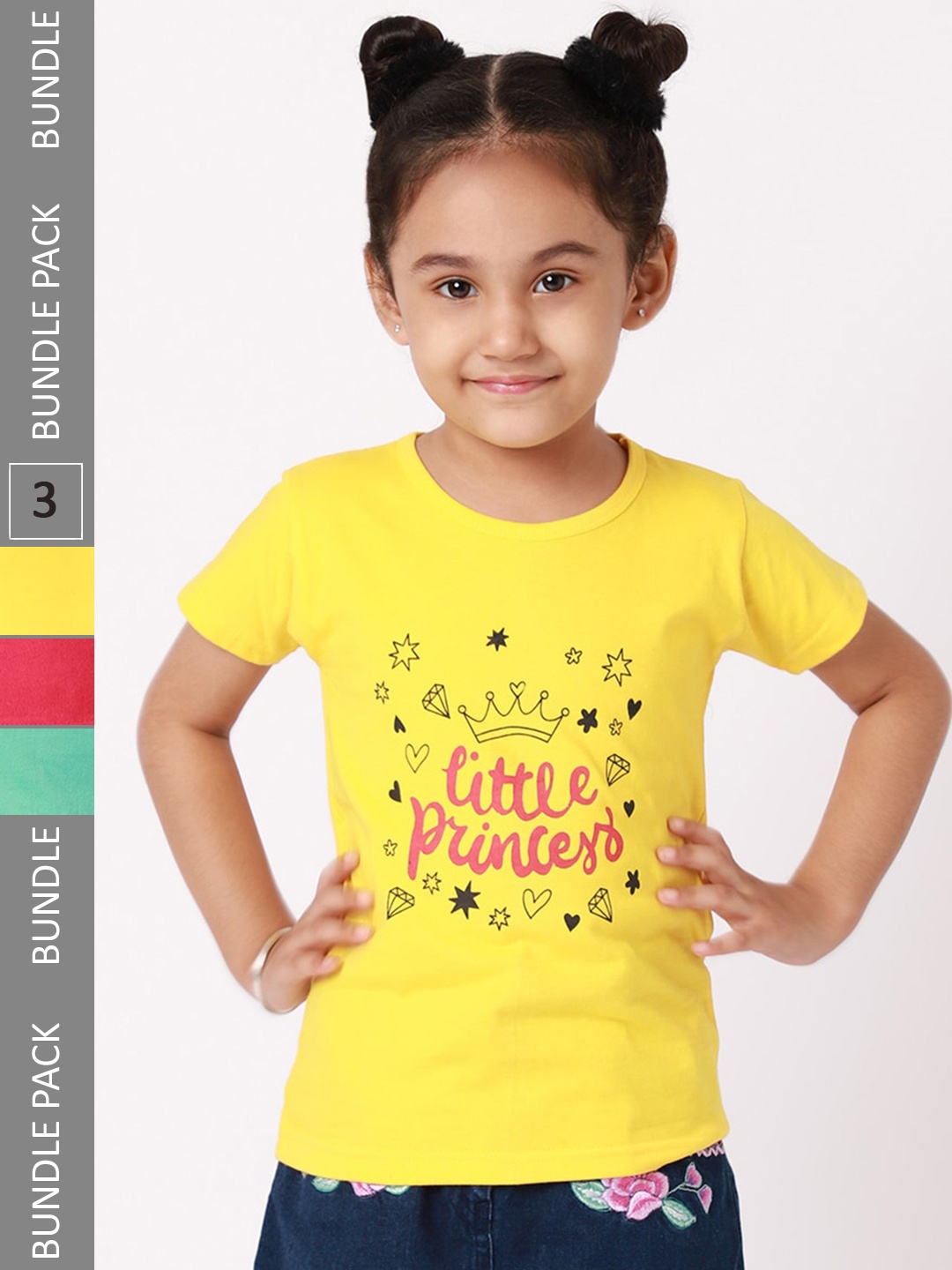 

BAESD Girls Pack Of 3 Typography Printed Cotton T-shirt, Yellow