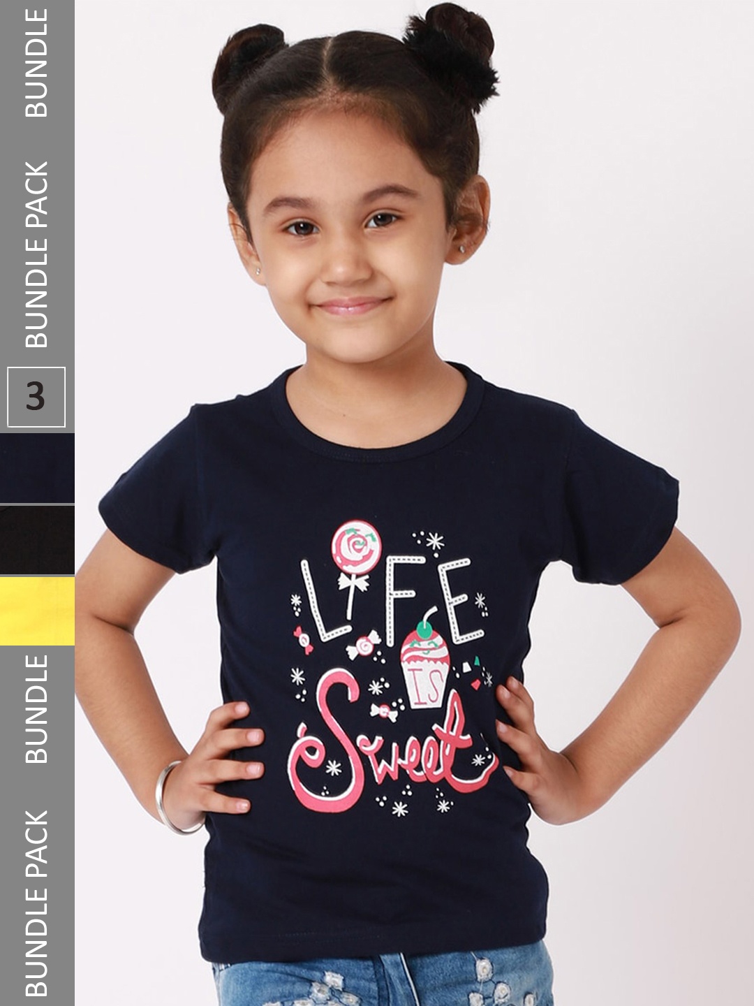 

BAESD Girls Pack Of 3 Typography Printed Cotton T-shirt, Navy blue