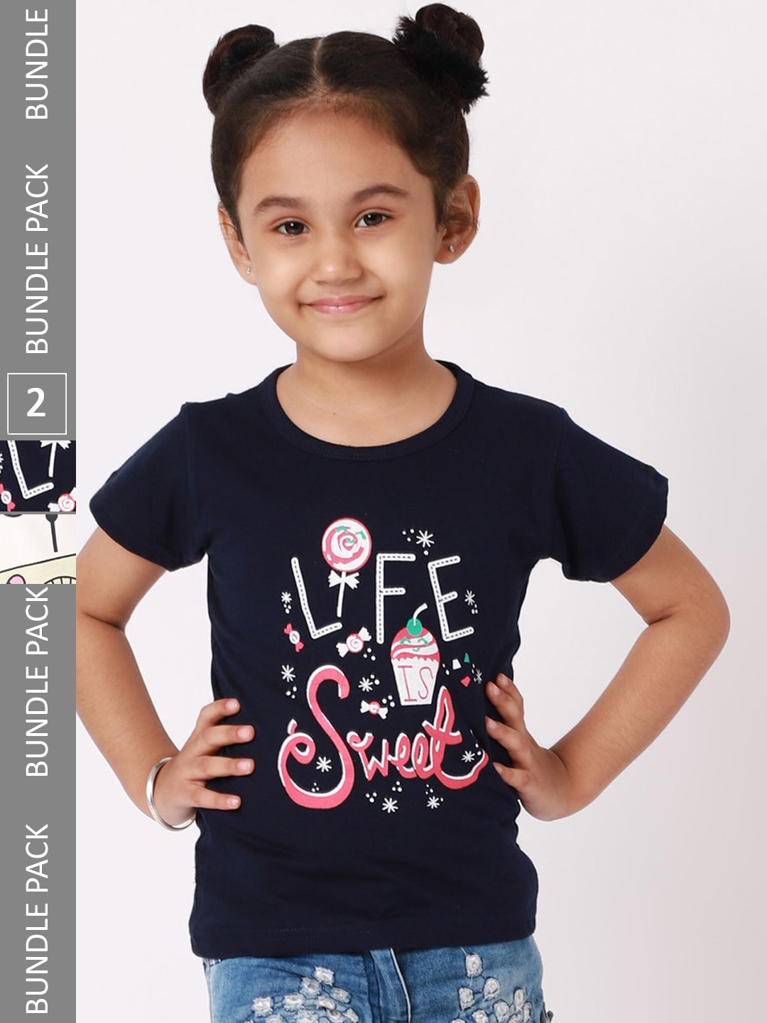 

BAESD Girls Pack Of 2 Printed Cotton T-shirt, Navy blue