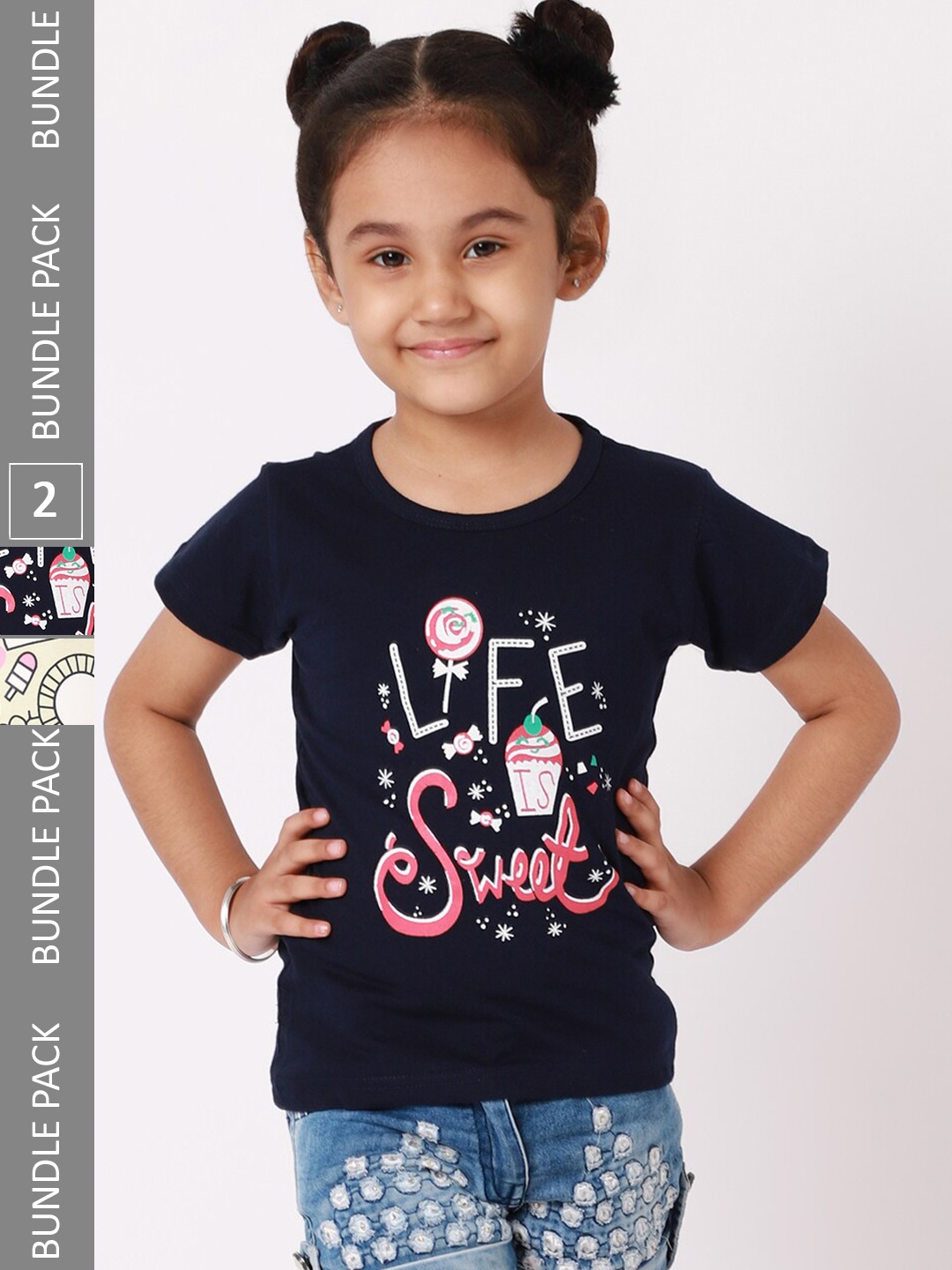 

BAESD Girls Pack Of 2 Graphic Printed Round Neck Cotton T-shirt, Navy blue