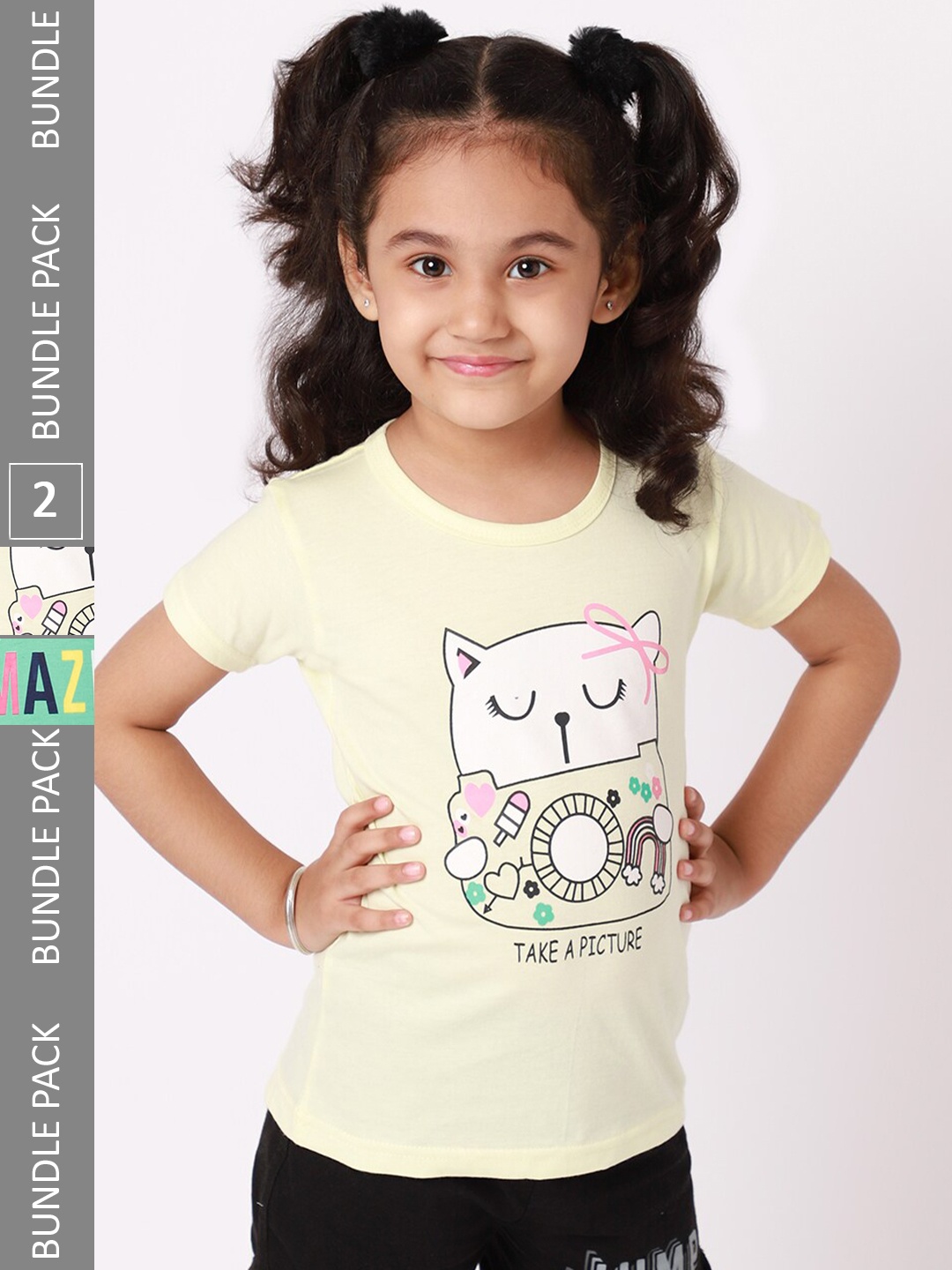 

BAESD Girls Pack Of 2 Graphic Printed Cotton T-shirts, Yellow
