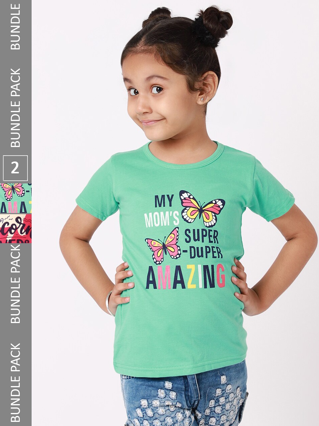 

BAESD Girls Pack Of 2 Typography Printed Cotton T-shirts, Green