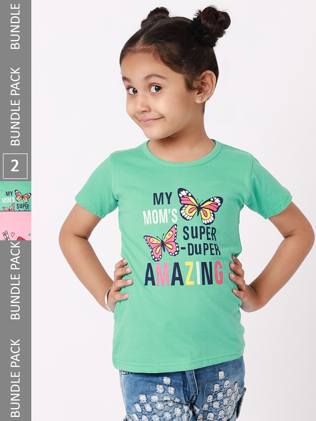 

BAESD Girls Pack Of 2 Typography Printed Cotton T-shirts, Green