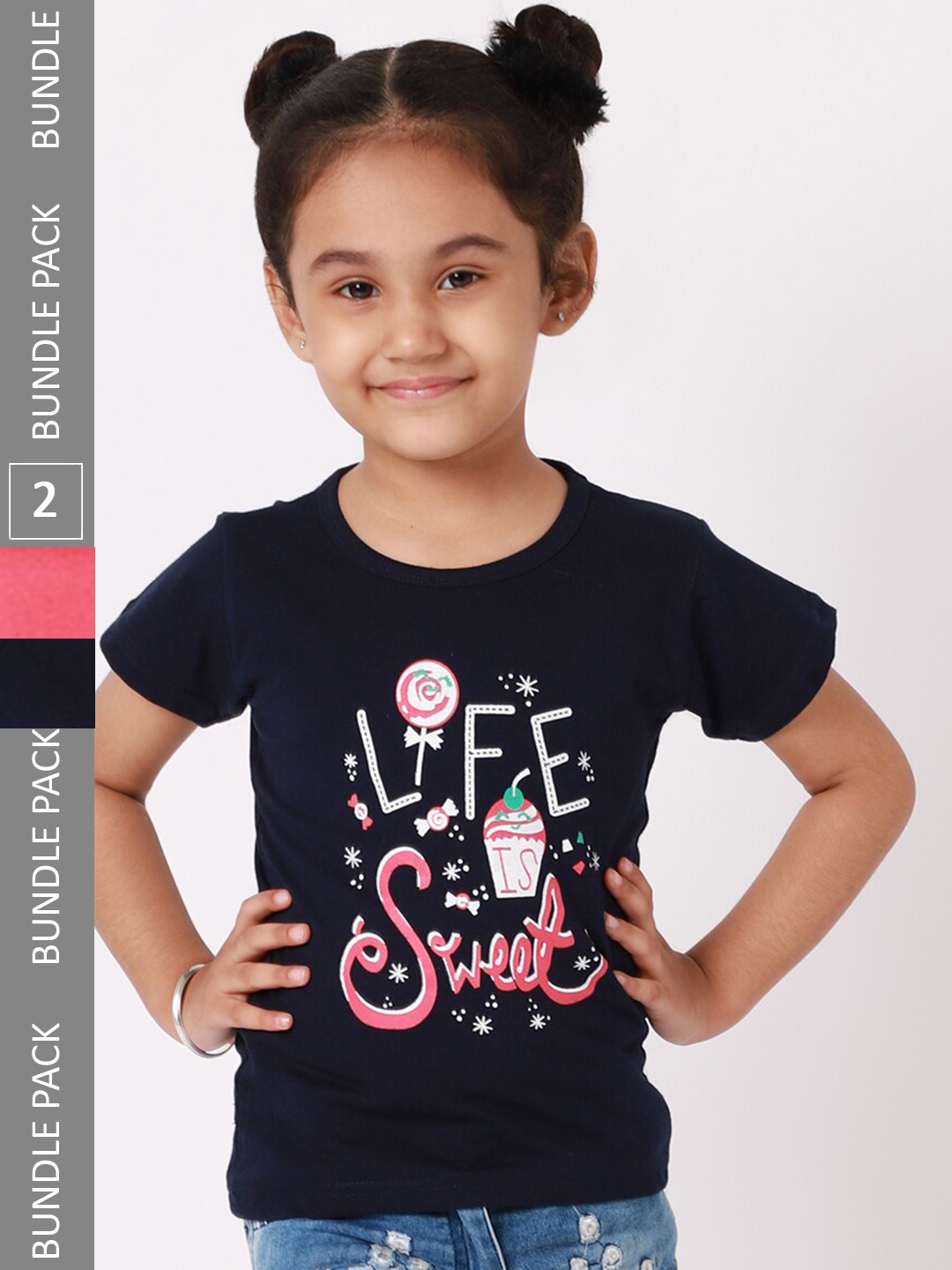 

BAESD Pack Of 2 Girls Typography Printed Cotton Casual T Shirts, Navy blue