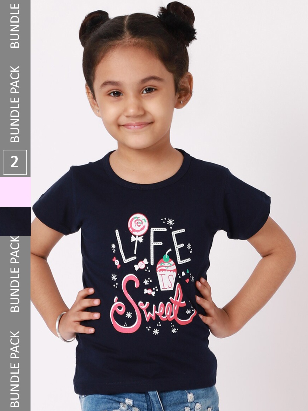 

BAESD Pack Of 2 Girls Typography Printed Cotton Casual T Shirts, Navy blue